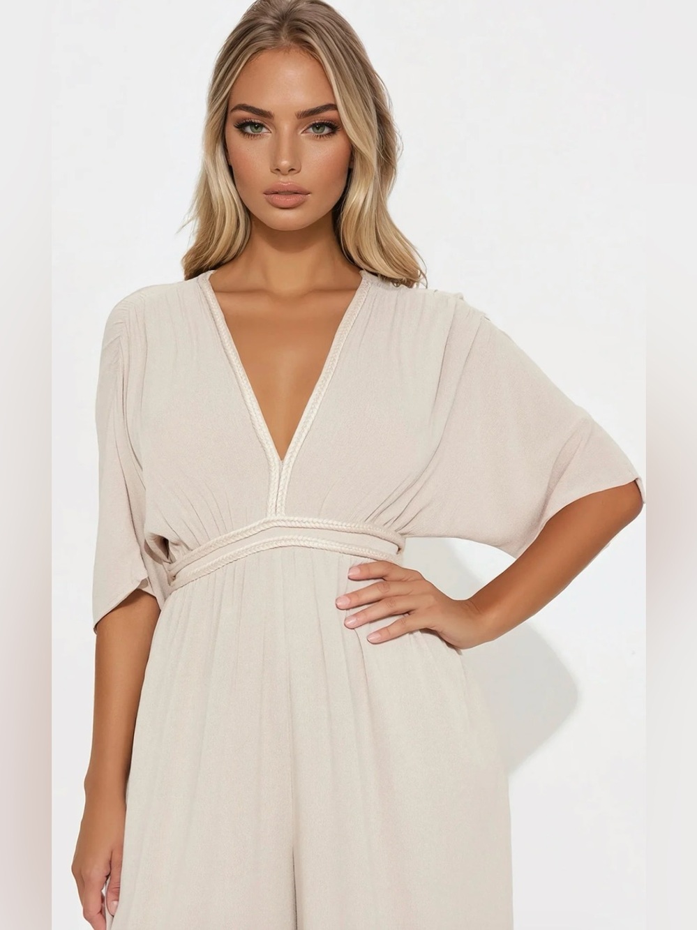 Wide-Leg V-Neck Jumpsuit in Light Beige - Picture 2 of 11